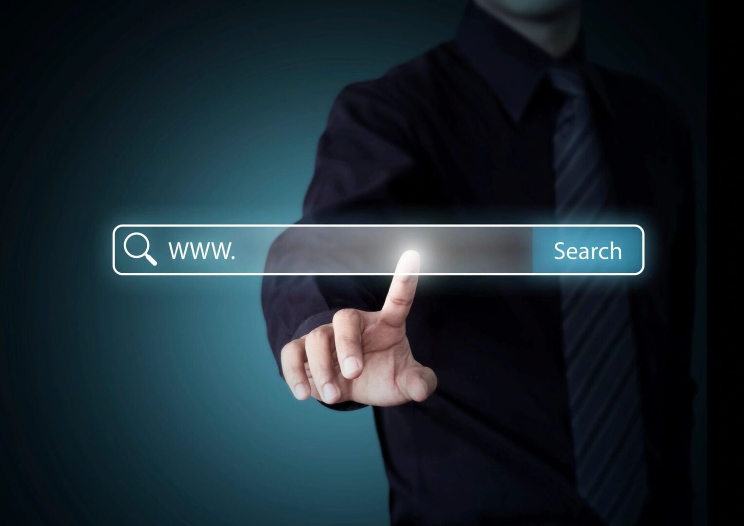 Businessman interacting with search bar interface